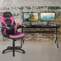 Flash Furniture BLN-X10D1904L-PK-GG Gaming Desk and Pink/Black Racing Chair Set /Cup Holder/Headphone Hook/Removable Mouse Pad Top - 2 Wire Management Holes